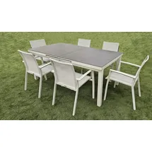 TEICO 7-tlg. Alu Gartenmöbel Set weiß ausziehbarer Tisch mit stapelbaren Stühlen - Weiß