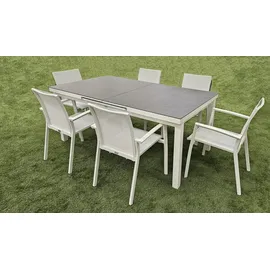 TEICO 7-tlg. Alu Gartenmöbel Set weiß ausziehbarer Tisch mit stapelbaren Stühlen - Weiß