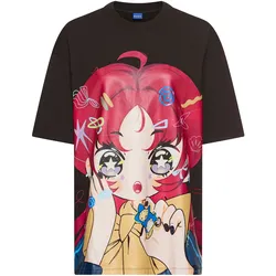 Print-Shirt HUGO BLUE "Oversized Tee", Damen, Gr. S (36), schwarz (schwarz 002), Jersey, Obermaterial: 100% Baumwolle, bedruckt, casual, oversize, Rundhals, Kurzarm abgesteppte Kante, Shirts, im Anime Design