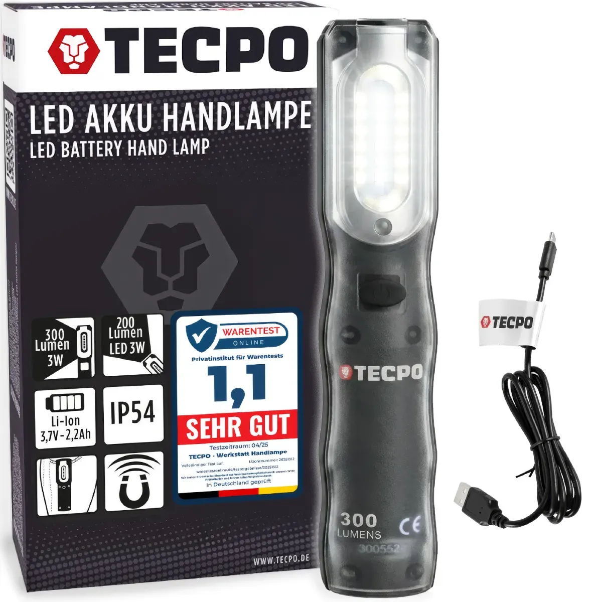 TECPO LED Akku Handlampe 300 Lumen + USB Kabel