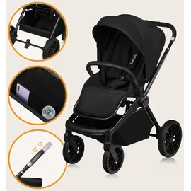 lionelo Mika Plus 2-in-1 Buggy 0-48 Monate (22kg), XXL-Verdeck mit UPF50+, 3-stufige Verstellung des Elterngriffs - Black Onyx - Schwarz