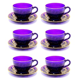 Casa Padrino Luxus Barock Kaffee / Tee Tassen 6er Set Lila / Gold - Handgefertigte & handbemalte Tassen mit Untertassen - Hotel & Restaurant Accessoires - Luxus Qualität
