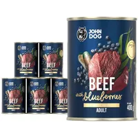 JOHN DOG Nassfutter Berry Line Rindfleisch mit Heidelbeeren 6x400g - Getreidefrei Hundefutter mit Superfoods und 96% Fleisch und Innereien mit Brühe - Für Erwachsene Hunde Aller Rassen