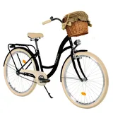 MILORD. 28 Zoll 1-Gang, schwarz und Creme, Komfort Fahrrad mit Korb und Rückenträger, Hollandrad, Damenfahrrad, Citybike, Cityrad, Retro, Vintage