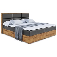 ALTDECOR Boxspringbett LOLLI1 mit H4-Matratze, Kopfteil und Bettkasten mit Eiche Holz   180x200 Schwarz Kunstleder