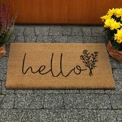 Relaxdays Fußmatte Kokos, Hello-Schriftzug, 60x40 cm, Blumen-Motiv, innen & außen, rutschfeste Türmatte, natur/schwarz