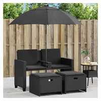 vidaXL Gartensofa 2-Sitzer Sonnenschirm und Hocker Schwarz Poly-Rattan