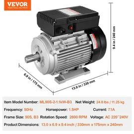 Vevor 1,1 kW Elektromotor 2800 U/min, AC 220–240 V 7,1 A, 90 S, B3-Rahmen, Luftkompressormotor einphasig, 24 mm Keilwelle,