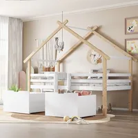 lanki international Odikalo Kinderbett Halbhoh Hausbett Dach Zaun Treppe Schließfächer Rädern Weiß 90x200cm
