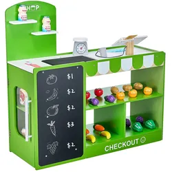 VEVOR Kaufmannsladen-Spielset, Holzspiel 35-teilig, Kinder-Supermarkt-Spielladen mit Einkaufstasche, Förderband, Scanner, Registrierkasse, realistischer Obst und Gemüse, für Kinder ab 3 Jahren