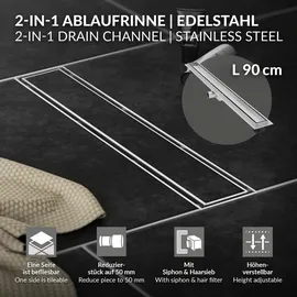 luxebath Duschrinne 90cm 2in1, befliesbar, extra flach, Silber, Doppelseitige Bodenablauf, Komplettset Bodenbefestigung, Duschablauf, Siphon Geruchsstop, Haarsieb,