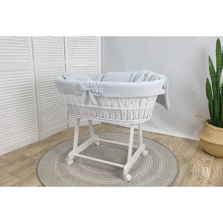 Stubenwagen weiß Amelia 4in1 Weidenkörbchen mit Ausstattung für Babys - hellgrau