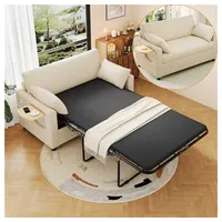 OKWISH Schlafsofa 2-Sitzer Sofa 134x82x84 cm aus Cord mit Schlaffunktion, Matratze, 2 Laken & Kissen für Apartments 1 Teile, USB‐Anschluss, Klapptisch & Seitentasche beige