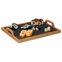 Relaxdays 2 x Serviertablett mit Schieferplatte, Anthrazit,Hellbraun