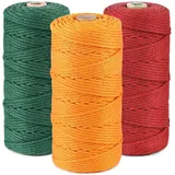 Makramee Garn 3er Set,ilauke Weiche Baumwollgarn Baumwollschnur Makramee 3mm für DIY Projekte - 3 x 100m Baumwolle Baumwollkordel zum Makramee Wandbehang, Traumfänger, Blumenampel,Rot+Grün+Golden
