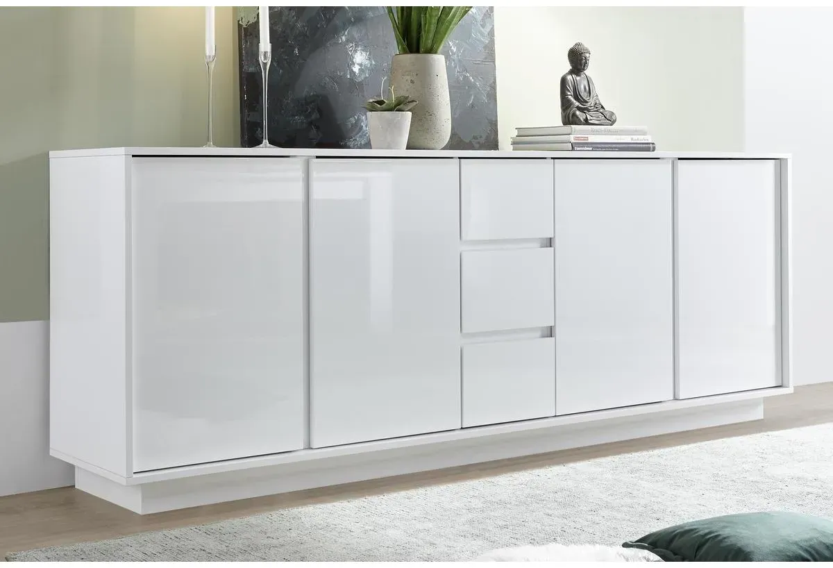 Design-Sideboard 4-türig mit 3 Schubladen weiße Hochglanz-Lackierung B 210 cm COMO