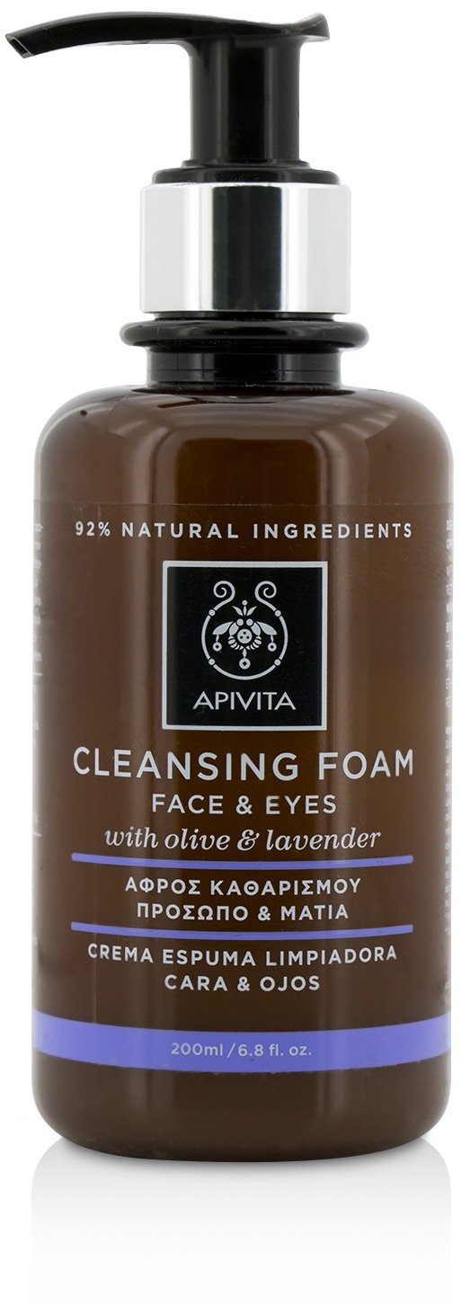 Apivita Creamy foam cleanser for face and eyes, suitable for all skin types, cleanses impurities and make up with Olive & Lavender