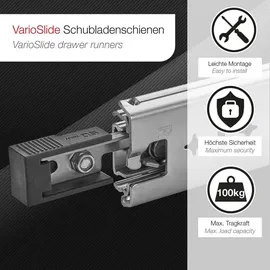 SOTech VarioSlide KV2-100-H53-L550-EH 550 mm – Schwerlast 100 kg, Einhandverriegelung mit Lock-in/out Einrastfunktion mit schwarzem Hebel Schwerlast-Vollauszug belastbar bis