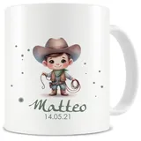 Samunshi® Kindertasse mit Namen Tasse mit Kleiner Cowboy Personalisierte Tasse mit Namen Kinder Kinderbecher mit Namen für Kindergarten oder Geburtstag weiß 300ml