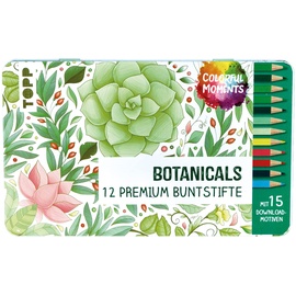 Frech Colorful Moments Designdose mit Buntstiften - Botanicals: 12 Buntstiften in Grüntönen und einzelnen Kontrastfarben mit Metalldose