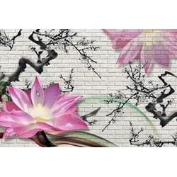 Fototapete PAPERMOON "LOTUSBLUME-STEINWAND GRAFFITI BLUMEN 3D DESIGN BLUME", bunt, B:5,00m L:2,80m, Vlies, Tapeten