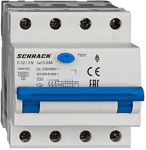 Schrack LS-FI-Schalter AMPARO, 6kA, Kennlinie C, 32A, 30mA, 3+N, Typ A (AK667832--)