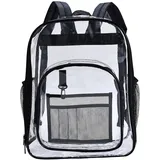 Ameble Transparenter Rucksack mit großem Fassungsvermögen, wasserdichter, durchsichtiger PVC-Rucksack für Schule, Reisen, Sport, Stadionveranstaltungen, durchsichtige Büchertasche – Schwarz