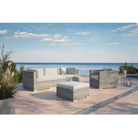 OUTFLEXX Gartenlounge für 4 Personen, beige, Alu/Polyrattan, 3-Sitzer Modul, Sessel & Hocker, mit Kissenboxfunktion