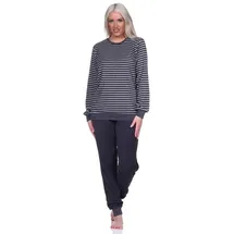normann Damen Frottee Pyjama Langarm Schlafanzug mit Bündchen in Streifenoptik, Farbe:dunkelgrau, Größe:36/38 - 36-38