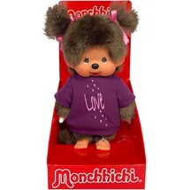 Monchhichi Sekiguchi 253814 - Original Monchhichi Mädchen mit T-Shirt 'Love' und Schleifen im Haar, ca. 20 cm großes Kuscheltier aus braunem Plüsch