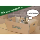 10 Stück Postkarten "wir sind umgezogen" Hund im Umzugskarton 1208