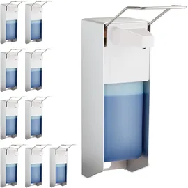 Relaxdays 10 x Eurospender, 1000 ml, Desinfektionsmittel, Seife, Ellenbogen-hebel, Wandbefestigung, Hygienespender, Silber