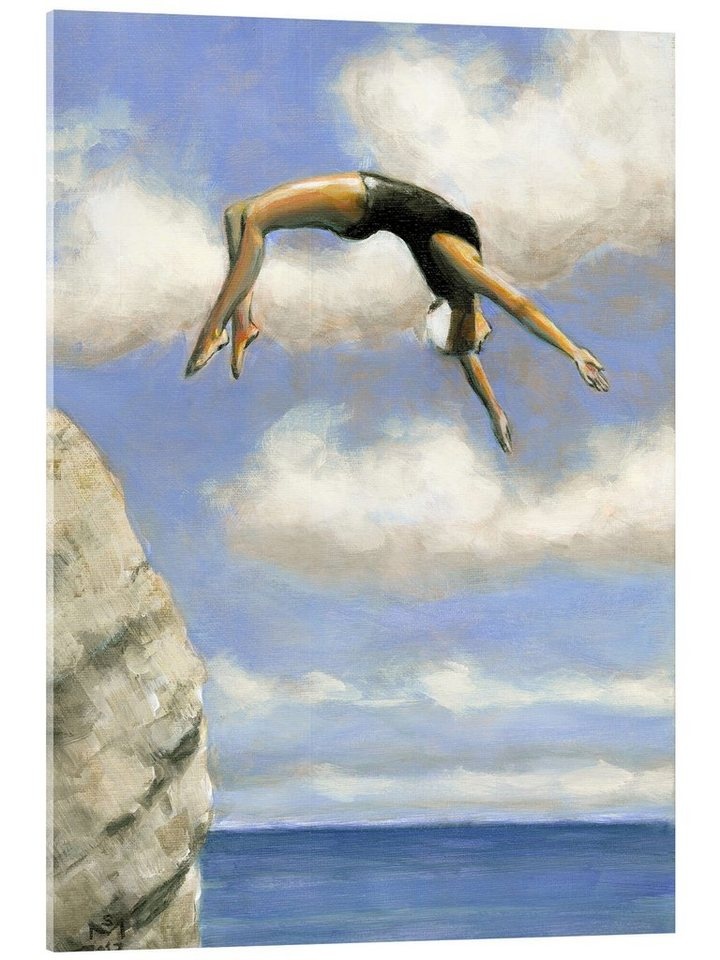 Posterlounge Acrylglasbild Sarah Morrissette, Kunstspringen vom Felsen, Schlafzimmer Maritim Malerei blau 70 cm x 90 cm