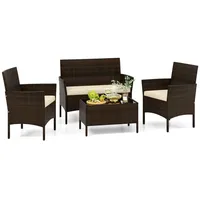 COSTWAY Balkonset, (4-tlg), 4 Personen, Rattan mit 2 Sessel, Bank, Tisch & Sitzkissen braun