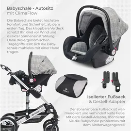 veska VESKA® 3 in 1 Kombi-Kinderwagen Buggy, Reisebuggy inkl. Babyschale, Jogger Faltbar - Silber - grau/kariert