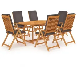 vidaXL Garten-Essgruppe Massivholz Teak Garten Holz 1 : Größe - 7-tlg., Polster-Farbe - Grau