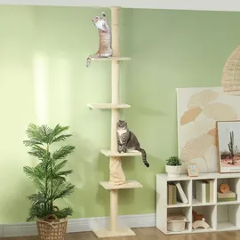 PawHut Kratzbaum Deckenhoch, Katzenbaum, 225-275 cm Katzenkratzbaum mit Plattformen, Katzenmöbel mit Kippschutz, Cremeweiß - Weiß