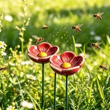 2ST Bienentränke Blumes für den Garten, 19cm Keramik Gartenstecker Vogeltränke | Blumen Insektentränke Garten Trinkbecher | Schmetterling Vogelbad Futterstation Blumentopf (Rot)