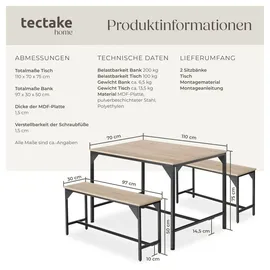 Tectake tectake® Sitzgruppe, 3-teilig, Industrial Style, mit höhenverstellbaren Kunststofffüßen