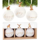 Brubaker 3er Set Weihnachtskugeln aus Glas - Happy Joy Peace - Premium Baumkugeln mit Porzellan Figur - Moderne handbemalte Weihnachtsdekoration - 8cm weiße Christbaumkugeln - Christbaumschmuck