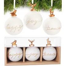 Brubaker 3er Set Weihnachtskugeln aus Glas - Happy Joy Peace - Premium Baumkugeln mit Porzellan Figur - Moderne handbemalte Weihnachtsdekoration - 8cm weiße Christbaumkugeln - Christbaumschmuck