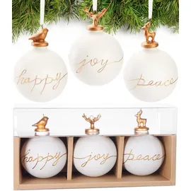 Brubaker 3er Set Weihnachtskugeln aus Glas - Happy Joy Peace - Premium Baumkugeln mit Porzellan Figur - Moderne handbemalte Weihnachtsdekoration - 8cm weiße Christbaumkugeln - Christbaumschmuck
