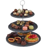 Relaxdays 4 x Etagere mit 3 Etagen, Schiefer, Kuchen, Snacks, Obst, Metallgriff, Servierständer, Hxd: 34x30 cm, anthrazit/Silber