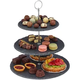 Relaxdays 4 x Etagere mit 3 Etagen, Schiefer, Kuchen, Snacks, Obst, Metallgriff, Servierständer, Hxd: 34x30 cm, anthrazit/Silber
