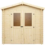 Woodtex Holz Gerätehaus Mini 2 D | Gartenhaus | Wandstärke 28 mm | Blockbohlenbauweise | Naturbelassen | Satteldach | BxTxH: 220 x 220 x 214,5 cm | Inkl. Doppelflügeltür mit Echtglas | Ohne Fußboden