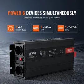 Vevor Sinus-Wechselrichter 3000 W DC 12 V AC 230 V LCD-Display Wechselrichter mit 3 AC-Steckdosen 2 USB-Anschlüssen 1 Typ-C-Anschluss 10 Ersatzsicherungen für große Haushaltsgeräte
