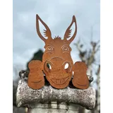 STEINFIGURENWELT GIEBEN Gartenfigur Lustiger Esel Kopf 33x23cm für Kante zum Anschrauben Edelrost Gartendeko Wetterfest Rost Metall Rostfigur Figur Tier Tierkopf Baumstecker Eselskopf