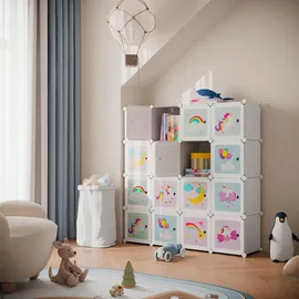 Songmics Kinderregal, Weiß, Metall, Kunststoff, 16 Schubladen, 123x123x31 cm, Babymöbel, Babyzimmerregale