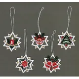 Stickereien Plauen Dekohänger STICKEREIEN PLAUEN "Sterne" Gr. 1, bunt (goldfarben, rot, grün), B:5cm H:5cm, Polyester, Dekohänger, Baumbehang "Sterne", aus Spitze