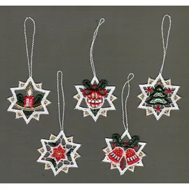 Stickereien Plauen Dekohänger STICKEREIEN PLAUEN "Sterne" Gr. 1, bunt (goldfarben, rot, grün), B:5cm H:5cm, Polyester, Dekohänger, Baumbehang "Sterne", aus Spitze